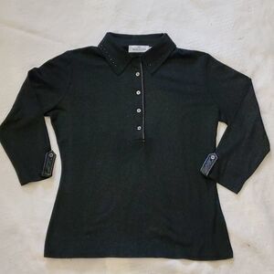 Bugatchi Pullover Size Large Black Top Partial Button Rhinestone Accents Collar